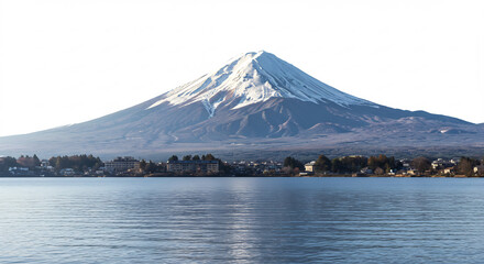 Iconic snowcapped volcano majestically overlooks a tranquil lake and peaceful village on a clear sunny day. AI Generated