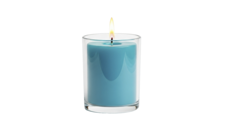 Serene Lit Teal Blue Wax Candle in Transparent Glass Holder for Festive Ambiance on a Transparent Background PNG Image