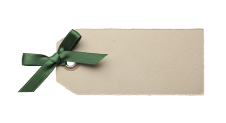 Blank Christmas gift tag with green ribbon bow on transparent background PNG file