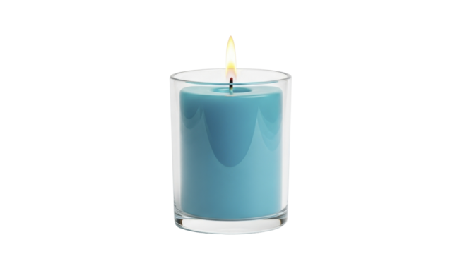 Serene Lit Teal Blue Wax Candle in Transparent Glass Holder for Festive Ambiance on a Transparent Background PNG Image
