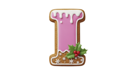 Gingerbread letter I with pink icing and festive holly berries on a transparent background, PNG image