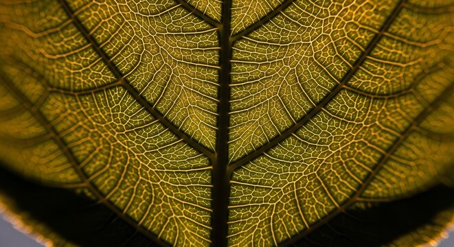 Intricate macro view of a backlit leaf, showcasing the detailed golden vein network and complex cellular structure