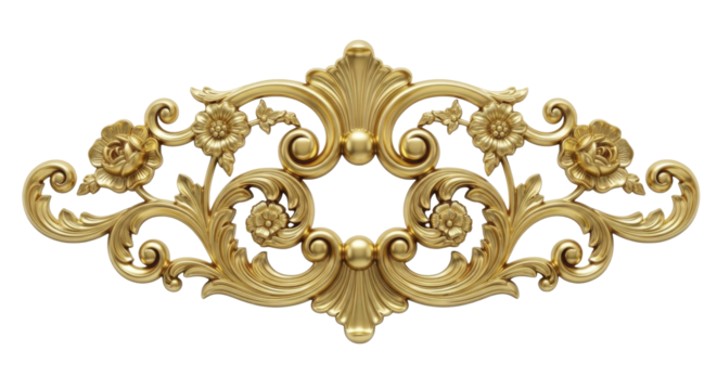 Golden elaborate floral scrollwork ornament on a transparent background, luxury vintage decorative PNG file