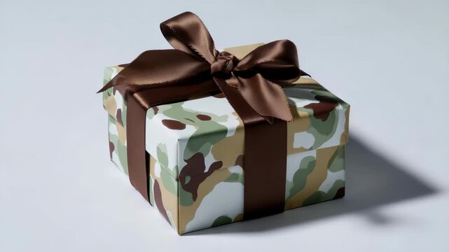 Camo Gift Box Tied with a Brown Ribbon, Wrapped Present Concept