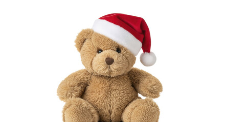 Obraz premium Fluffy brown teddy bear wearing red Santa hat on a transparent background PNG image