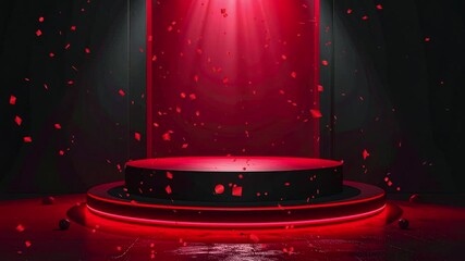 Empty black and red podium with spotlight and falling confetti. 3D rendered stage for product presentation, award ceremony, or special event. Modern, futuristic background for celebration.