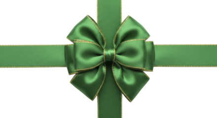 Green satin gift ribbon and bow with gold trim on a transparent background PNG image