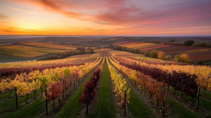 Vibrant Autumn Vineyard Landscape at Golden Hour with Rows of Colorful Grapes Under a Fiery Sunset Sky