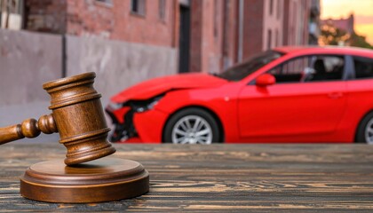 Gavel and damaged red car.