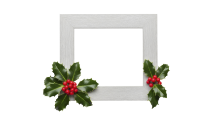 Christmas Grey Wooden Frame with Holly Leaves and Red Berries on a Transparent Background PNG File