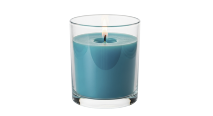 Cozy lit blue teal candle in clear glass container for festive ambiance on a transparent background, PNG image, PNG file