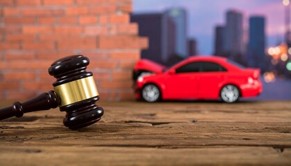Judge gavel and red car crash scene.
