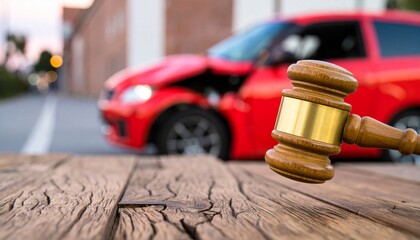Gavel hitting wood with crashed red car.