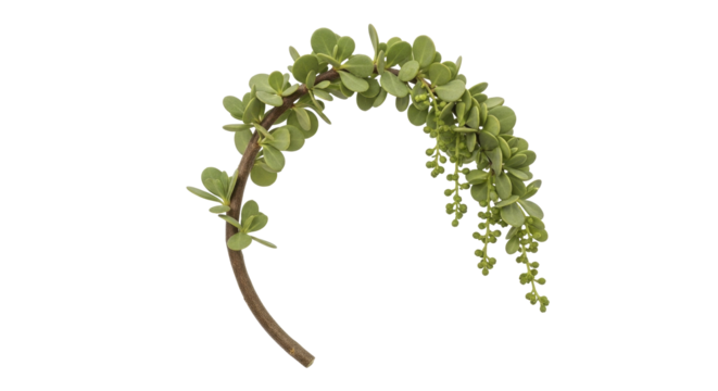 Curved succulent plant branch with green round leaves, suitable for holiday arrangements, on a transparent background, PNG image, PNG file
