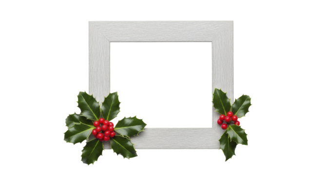 Christmas Grey Wooden Frame with Holly Leaves and Red Berries on a Transparent Background PNG File