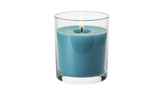 Cozy lit blue teal candle in clear glass container for festive ambiance on a transparent background, PNG image, PNG file - Powered by Adobe