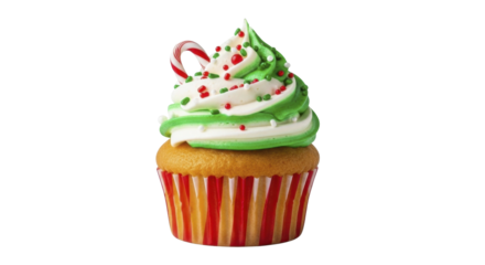 Christmas Cupcake with Green and White Icing Sprinkles and Candy Cane Topper on a transparent background PNG image PNG file