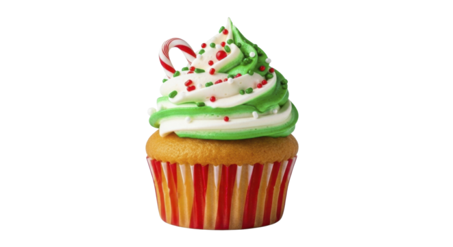 Christmas Cupcake with Green and White Icing Sprinkles and Candy Cane Topper on a transparent background PNG image PNG file