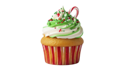 Christmas cupcake with green and white frosting sprinkles and candy cane on a transparent background PNG image