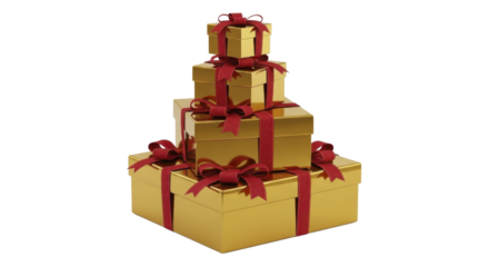  Golden Christmas Gift Boxes Stacked with Red Ribbons, Transparent Background, PNG file