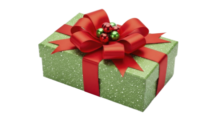 Green Christmas gift box with red ribbon and ornaments on a transparent background PNG image PNG file