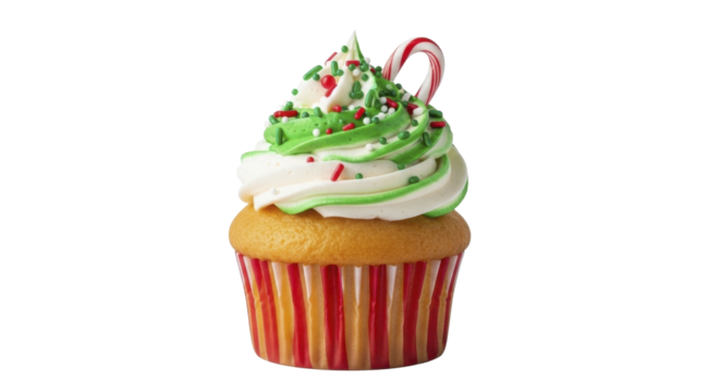 Christmas cupcake with green and white frosting sprinkles and candy cane on a transparent background PNG image