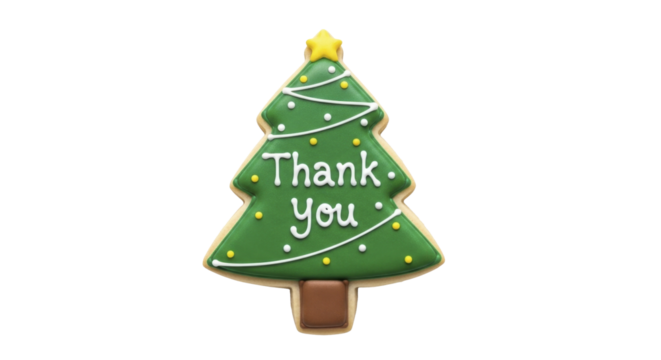 Christmas tree cookie with Thank You message on a transparent background, PNG image