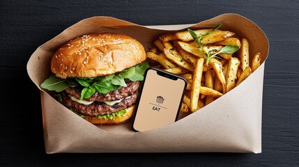 A delicious double cheeseburger and a generous portion of golden french fries are presented in a brown paper bag, with a smartphone showing an 'Eat' icon placed