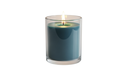 Lit blue teal candle in clear glass container on a transparent background PNG image PNG file for holiday winter decor