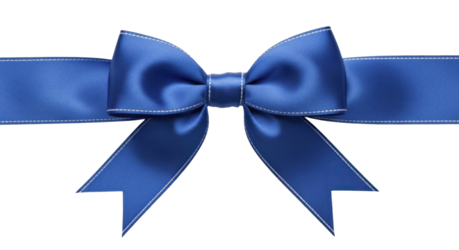 Blue ribbon bow with white stitching for gift wrapping on a transparent background, PNG image, PNG file