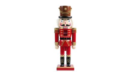 Wooden Christmas nutcracker figurine in red uniform with gold accents on a transparent background PNG image