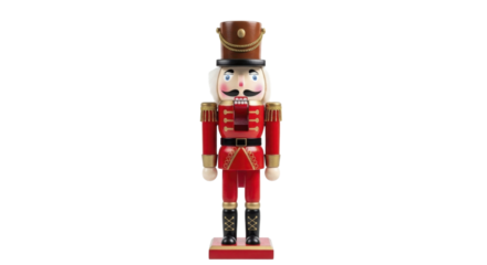  Wooden Christmas nutcracker figurine in red uniform with gold accents on a transparent background PNG image
