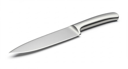 Gleaming silver chef knife with a sharp reflective blade brightly illuminated on a stark white studio background. AI Generated