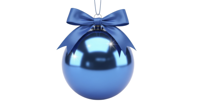 Blue Christmas ornament with elegant ribbon bow, on a transparent background, PNG image