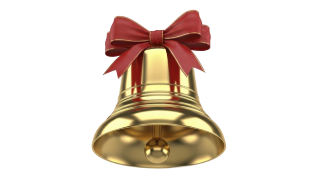 Golden Christmas Bell with Red Ribbon, Transparent Background, PNG Image, PNG File