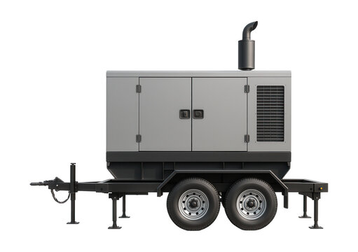 Dual-axle diesel generator on a trailer with stabilizing jacks.
