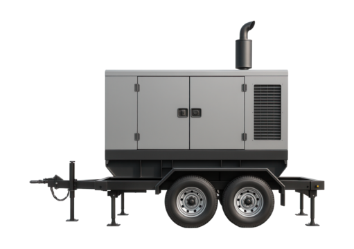 Dual-axle diesel generator on a trailer with stabilizing jacks.