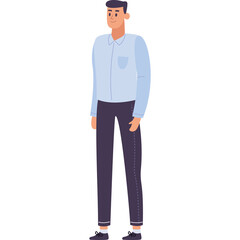 Full Body Pixel Art Illustration Of A Young Man Standing Confidently Wearing A Light Blue Button Up Shirt And Dark Trousers Against A Transparent Background