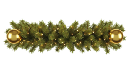 Christmas garland with glowing lights and shiny golden ornaments on a transparent background PNG image
