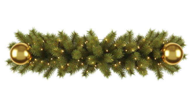 Christmas garland with glowing lights and shiny golden ornaments on a transparent background PNG image