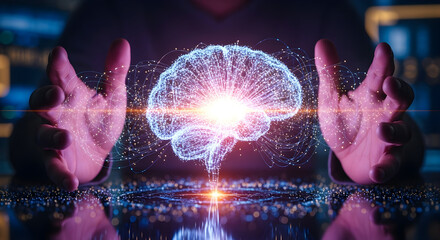 Human hands protecting a glowing futuristic digital brain hologram with flying data particles symbolizing artificial intelligence and machine learning