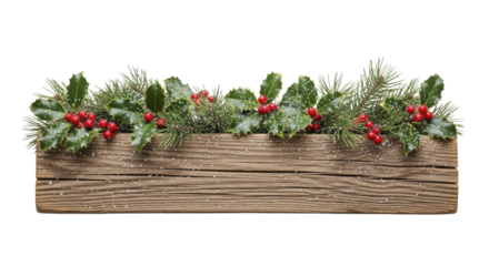 Christmas pine and holly arrangement with red berries on rustic wooden plank on a transparent background PNG image