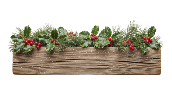 Christmas pine and holly arrangement with red berries on rustic wooden plank on a transparent background PNG image - Powered by Adobe