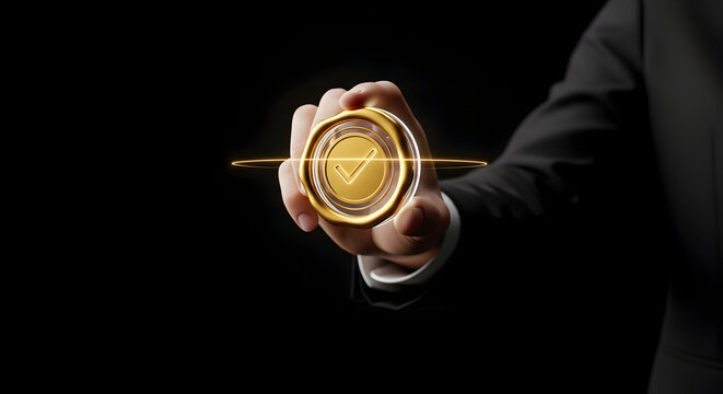 Businessman hand holding a luxury golden checkmark token with glowing light effect on dark background symbolizing quality assurance and premium approval