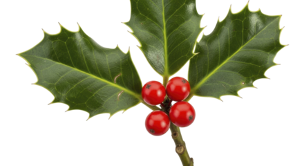Festive Holly Branch with Vibrant Red Berries and Glossy Green Leaves on a Transparent Background, PNG Image