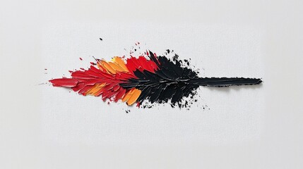 An abstract artwork depicting a feather shape created with thick, textured oil paint. The colors transition from red and orange at the tip to black at the base,