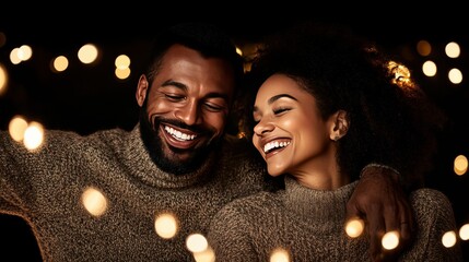 Happy Black couple embracing, smiling amidst warm bokeh lights, cozy winter love