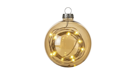 Glowing amber Christmas ornament ball with warm string lights on a transparent background PNG image PNG file