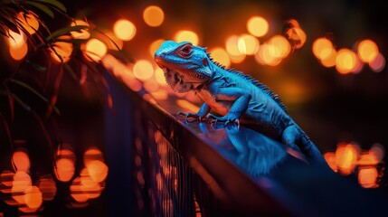 Vibrant blue iguana at night.