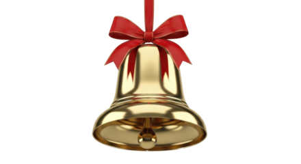 Golden Christmas Bell with Red Ribbon Hanging Isolated on a Transparent Background PNG image